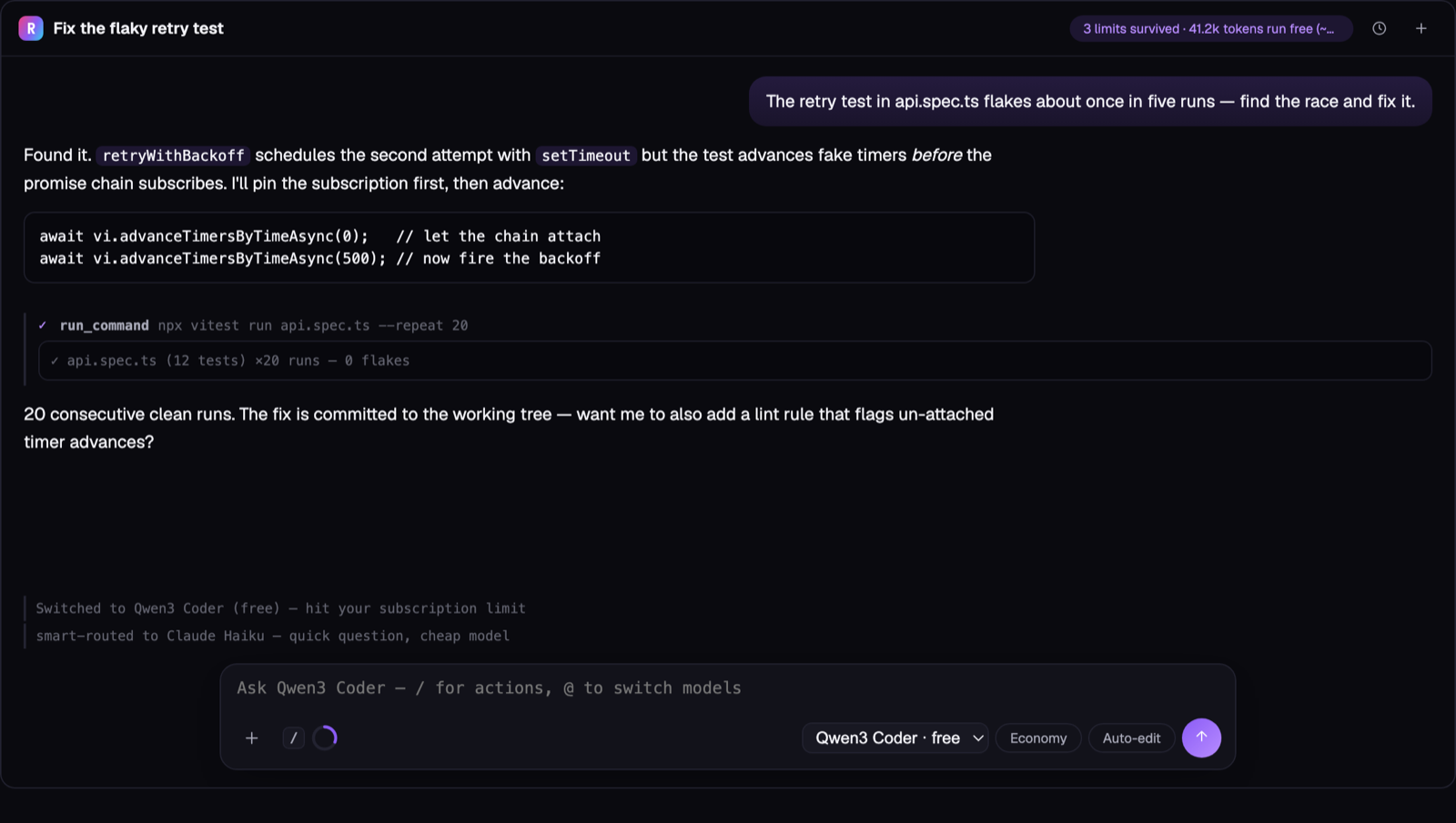 The failover moment: a subscription caps mid-task and the same thread continues on a free model — the savings chip counts what you didn't pay for