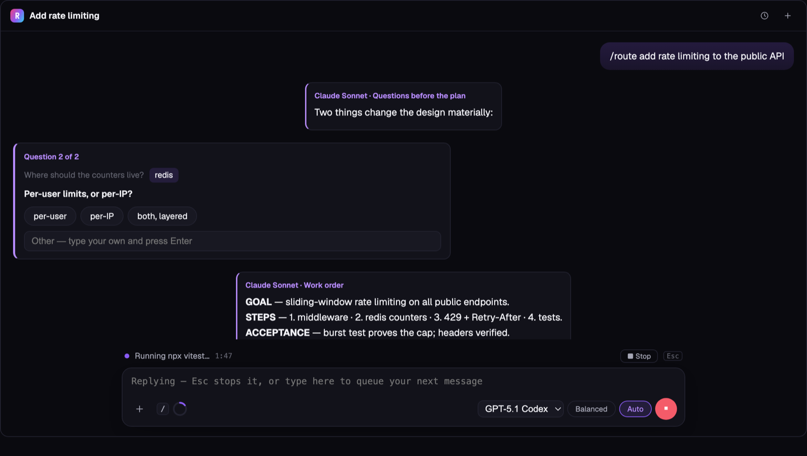 Team chat: the boss asks clarifying questions as clickable cards, keeps a living work order, and dispatches the worker to build it